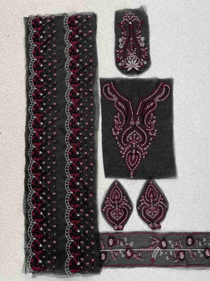 Crimson Luxe Set(45 inches Dupata pallu pair, 45 inches front back daman, Neckline, back bunch and sleeves bunches) ❕