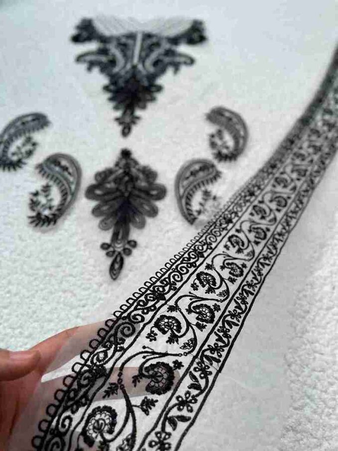 Neckline + Back Motif + 4 bunch + 34 inches Sleeves Patch + 34 inches Trouser patch